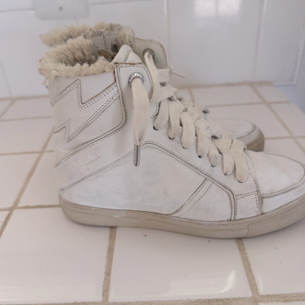 Zadig & Voltaire Flash Shearling High Top Sneakers White Leather Women Size 36 - Picture 4 of 7